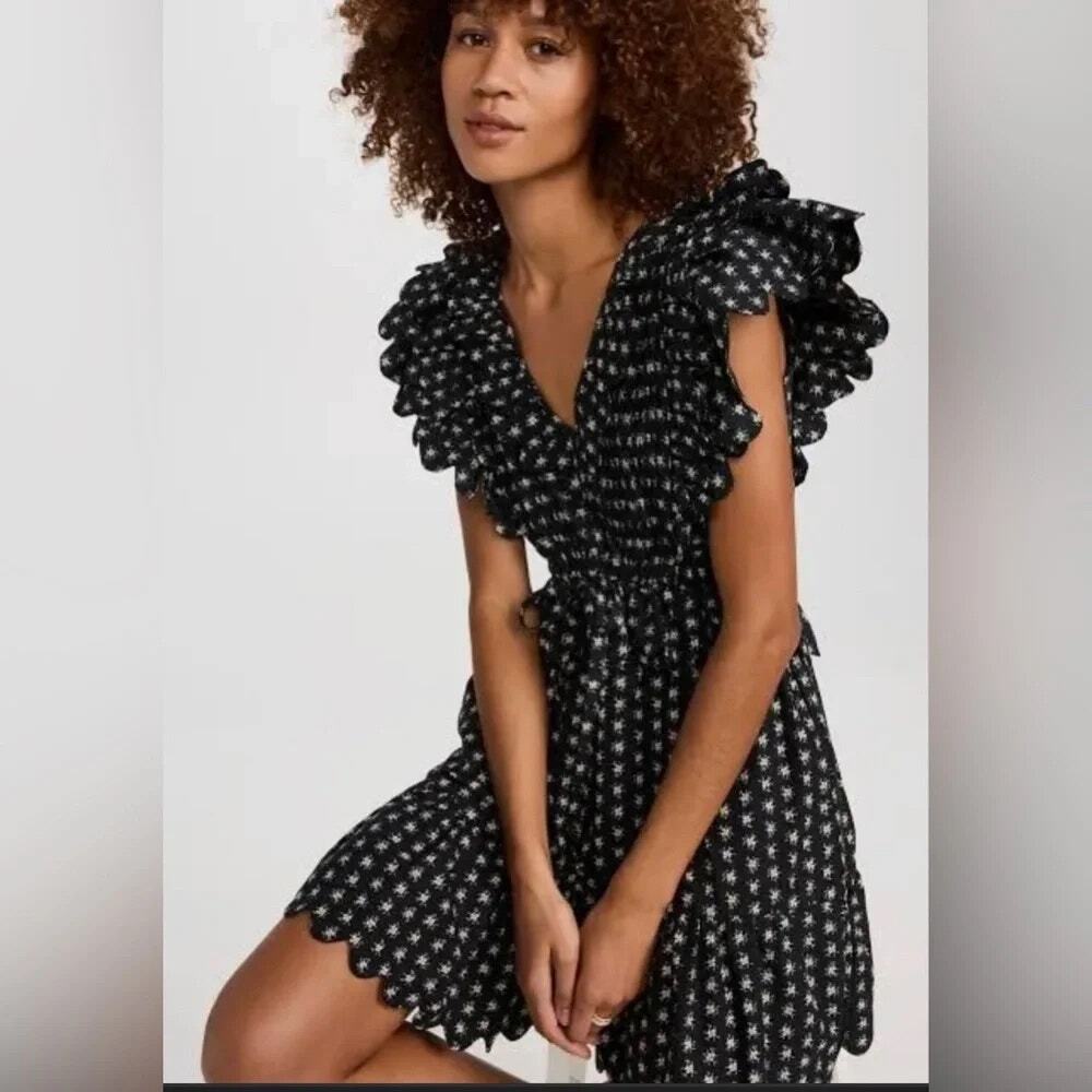 Sea New York Pascala Black Floral Scallop Mini Dress SZ 2 Cottagecore Pocket
